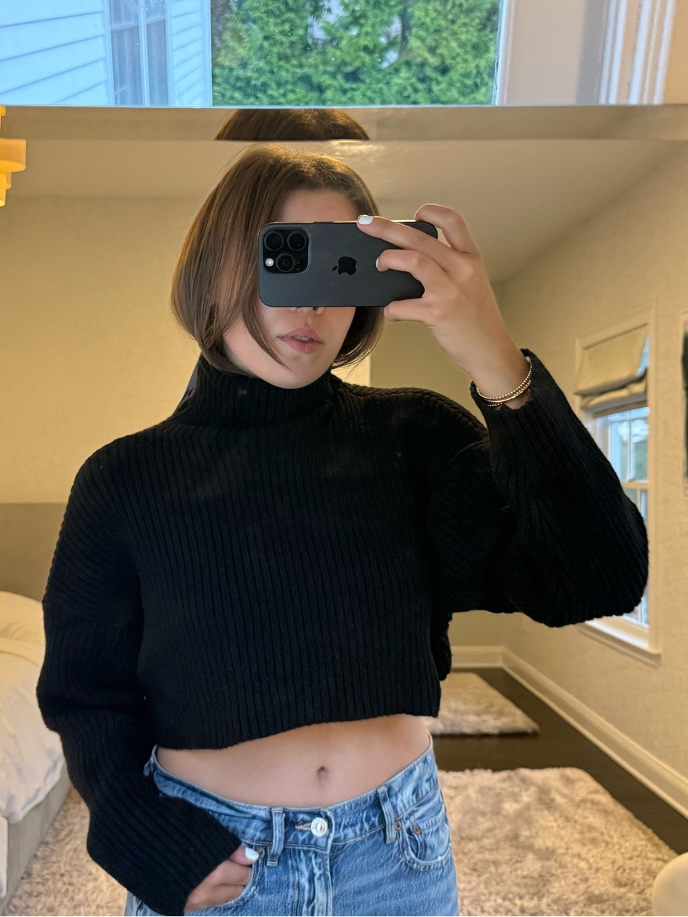 Zara Black Cropped Ribbed Turtleneck Sweater